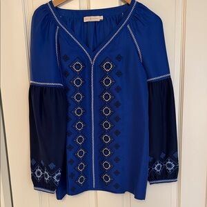 Tory Burch Cobalt Blue Embroidered Peasant Blouse with Navy Sleeves